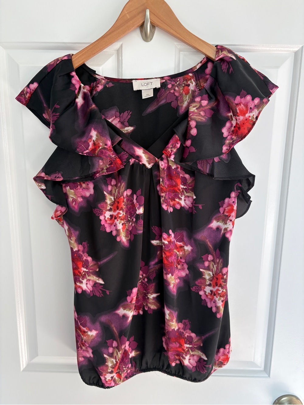 LOFT Extra Small Black Blouse with Pink Floral Print